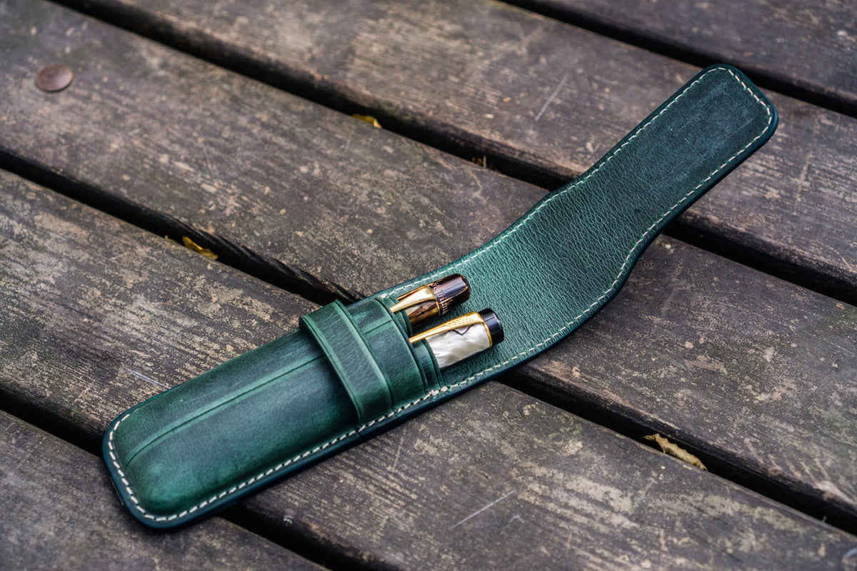 Galen Leather 2 Pen Flap Case - Crazy Horse Forest Green