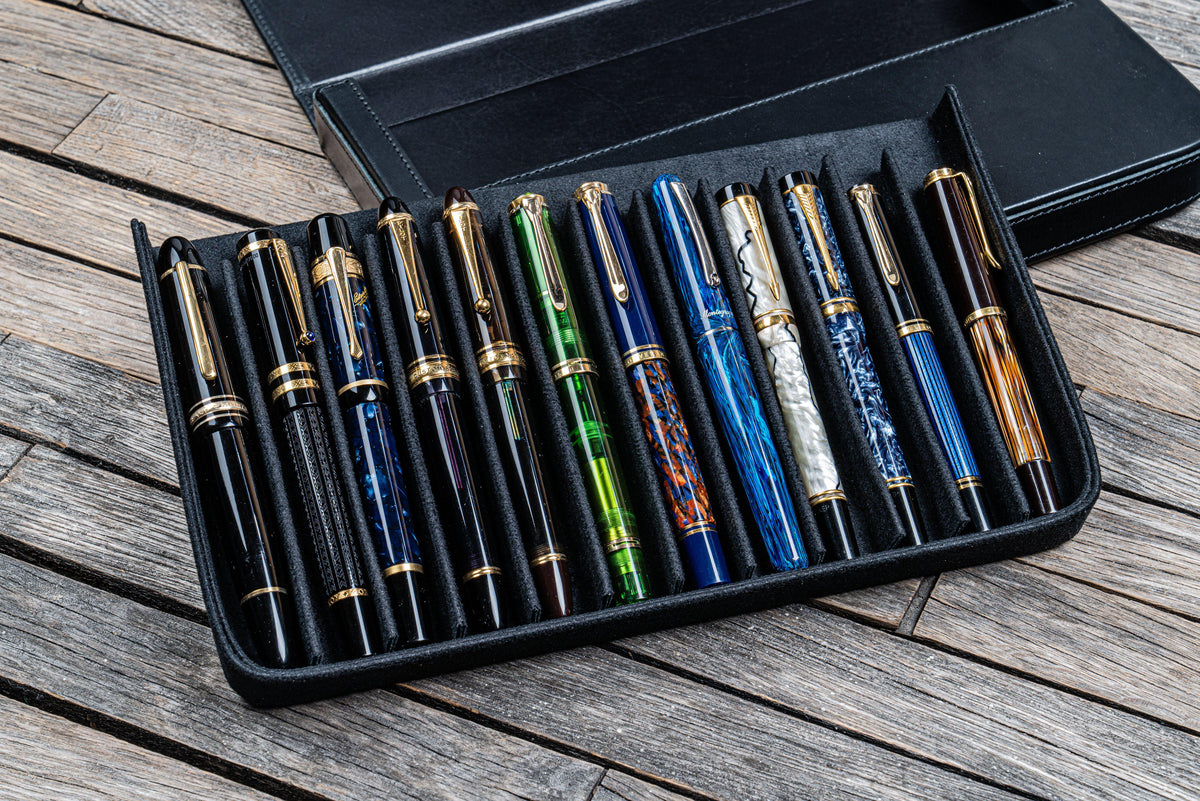 Galen Leather 12 Slot Magnum Opus Pen Case - Black (with Removable Pen Tray)