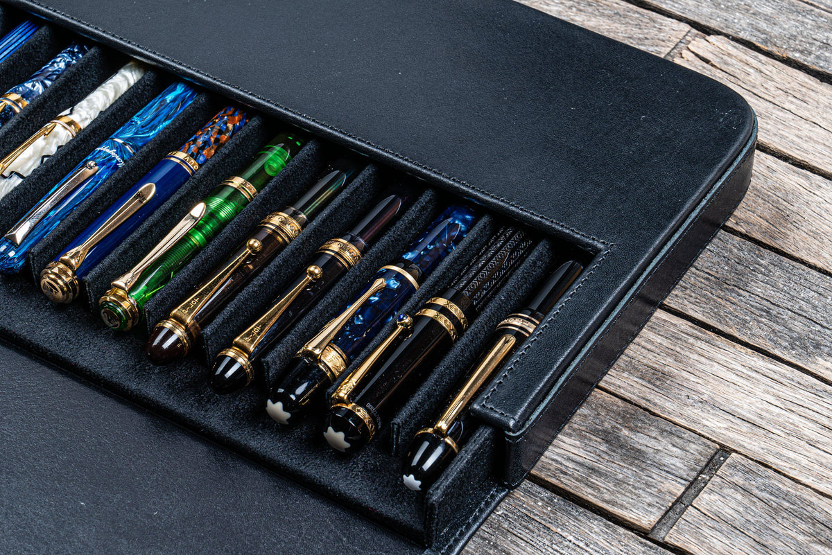 Galen Leather 12 Slot Magnum Opus Pen Case - Black (with Removable Pen Tray)
