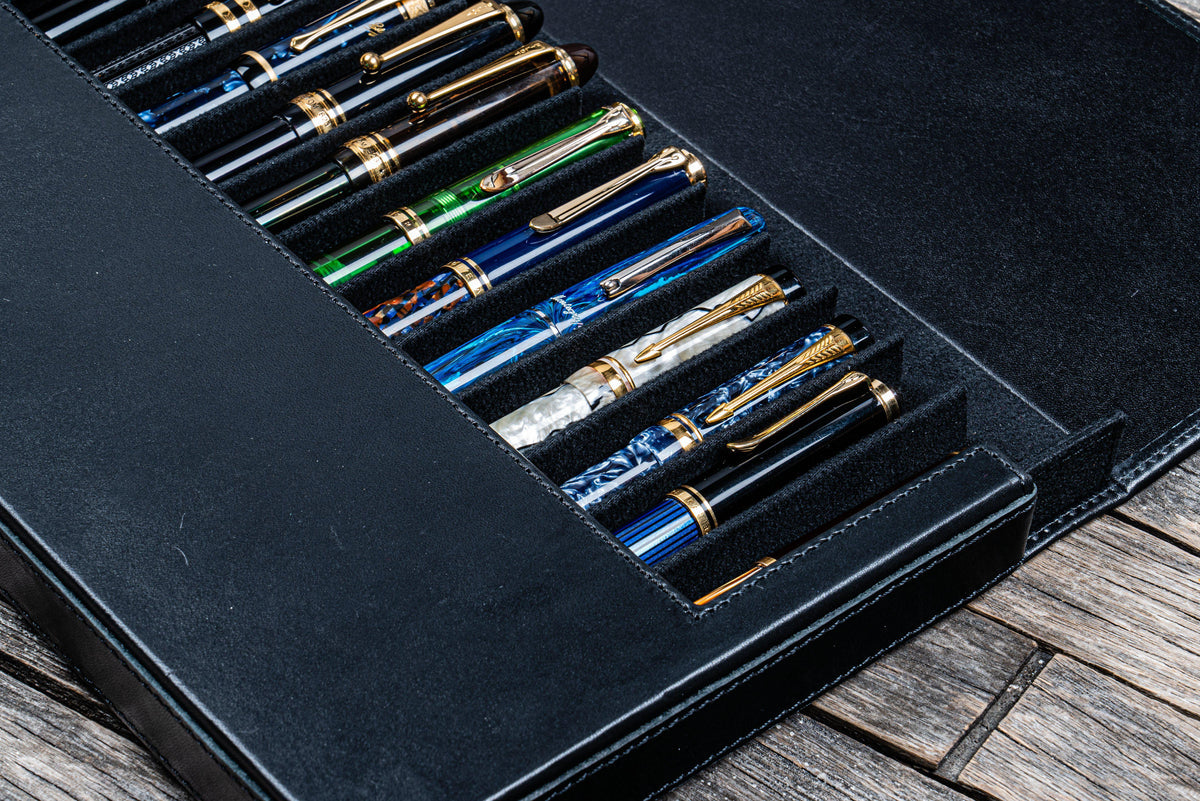 Galen Leather 12 Slot Magnum Opus Pen Case - Black (with Removable Pen Tray)