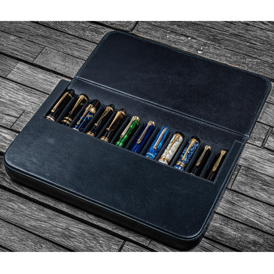 Galen Leather 12 Slot Magnum Opus Pen Case - Black (with Removable Pen Tray)
