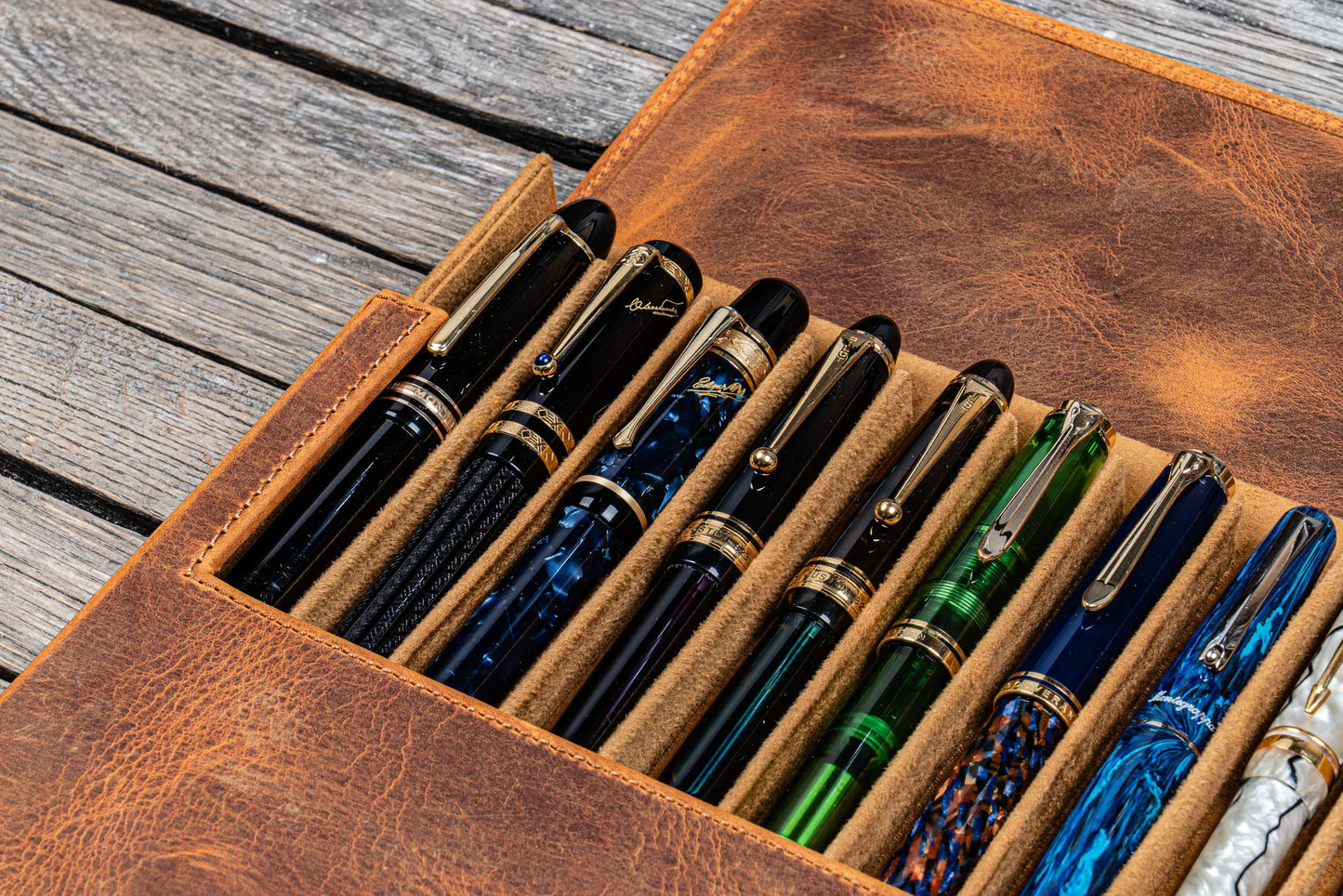 Galen Leather 12 Slot Magnum Opus Pen Case - Crazy Horse Brown (with Removable Pen Tray)