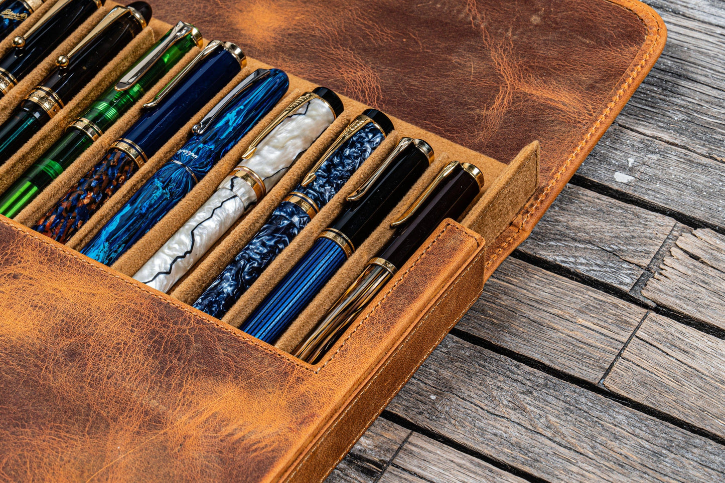 Galen Leather 12 Slot Magnum Opus Pen Case - Crazy Horse Brown (with Removable Pen Tray)