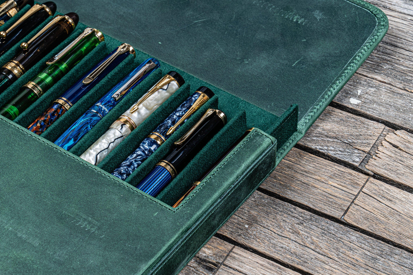 Galen Leather 12 Slot Magnum Opus Pen Case - Crazy Forest Green (with Removable Pen Tray)