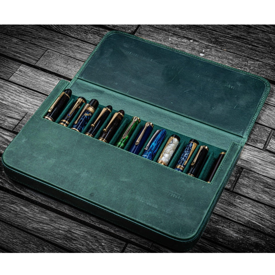 Galen Leather 12 Slot Magnum Opus Pen Case - Crazy Forest Green (with Removable Pen Tray)