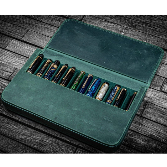 Galen Leather 12 Slot Magnum Opus Pen Case - Crazy Forest Green (with Removable Pen Tray)