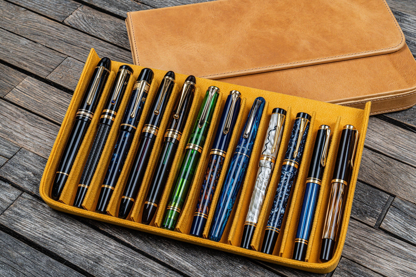 Galen Leather 12 Slot Magnum Opus Pen Case - Crazy Honey Ochre (with Removable Pen Tray)