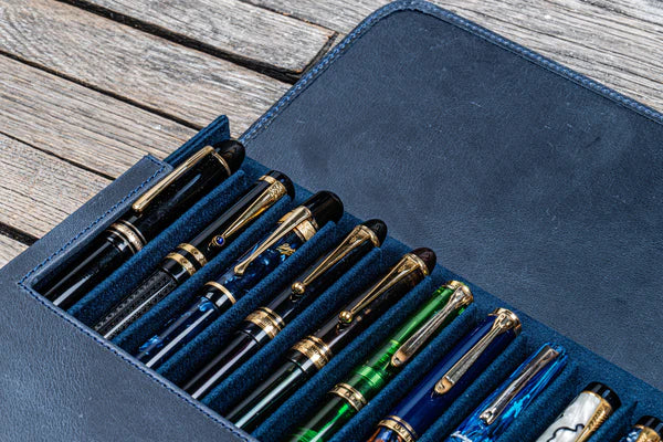 Galen Leather 12 Slot Magnum Opus Pen Case - Crazy Navy Blue (with Removable Pen Tray)