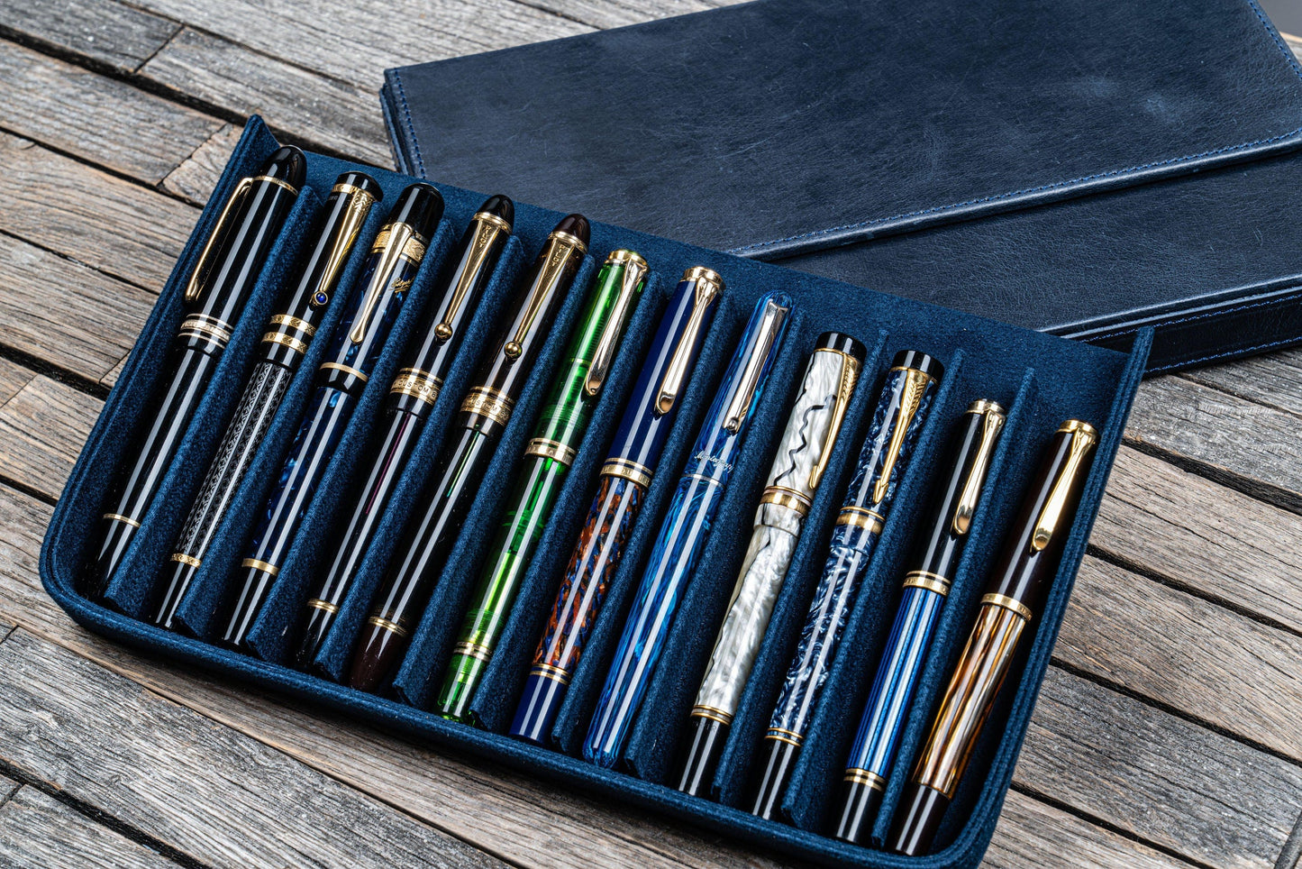 Galen Leather 12 Slot Magnum Opus Pen Case - Crazy Navy Blue (with Removable Pen Tray)