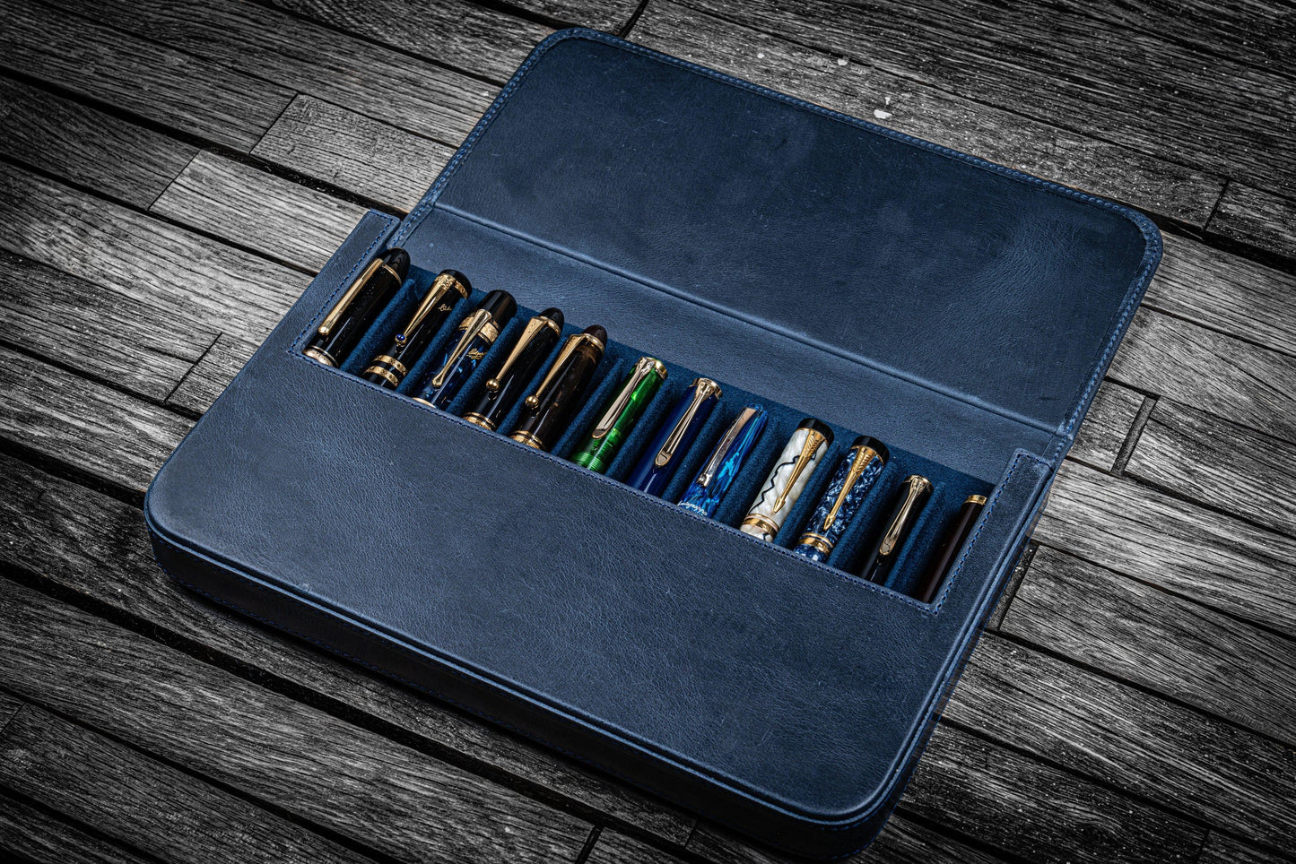 Galen Leather 12 Slot Magnum Opus Pen Case - Crazy Navy Blue (with Removable Pen Tray)