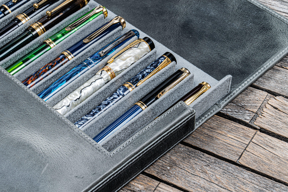 Galen Leather 12 Slot Magnum Opus Pen Case - Crazy Smoky (with Removable Pen Tray)