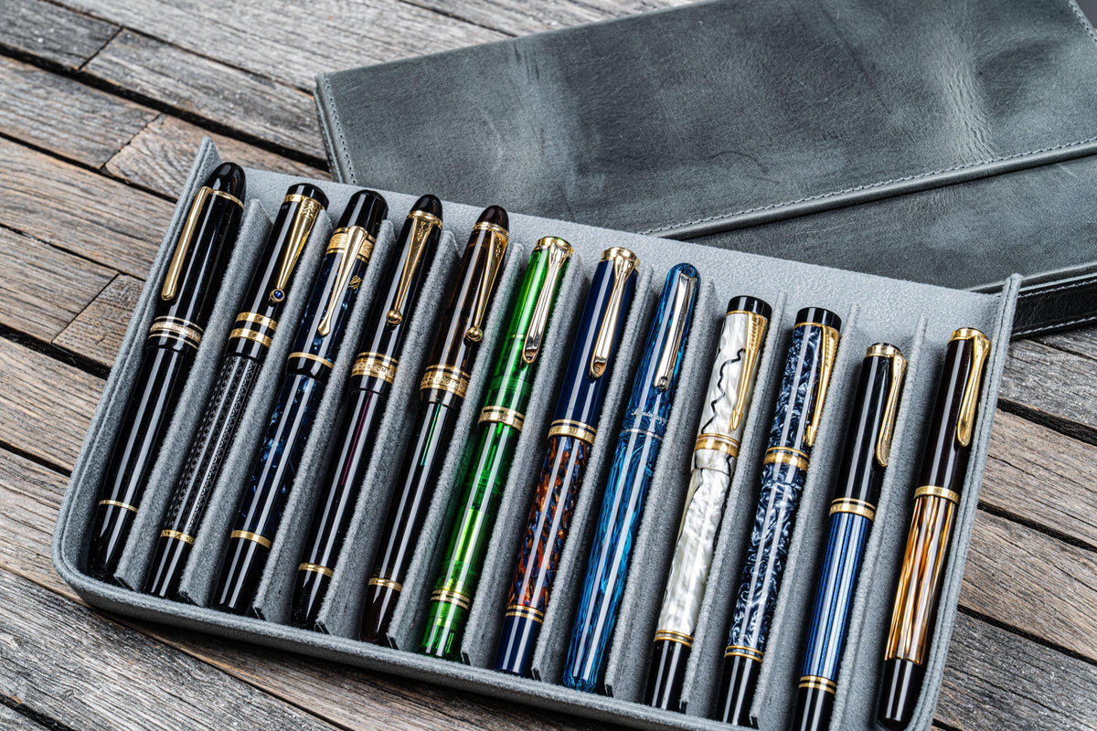 Galen Leather 12 Slot Magnum Opus Pen Case - Crazy Smoky (with Removable Pen Tray)