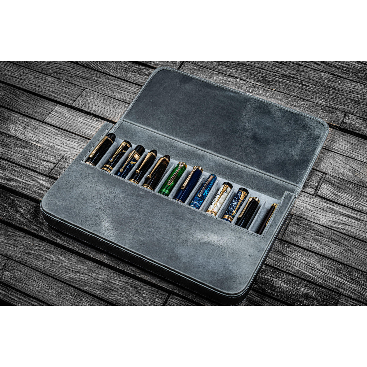 Galen Leather 12 Slot Magnum Opus Pen Case - Crazy Smoky (with Removable Pen Tray)