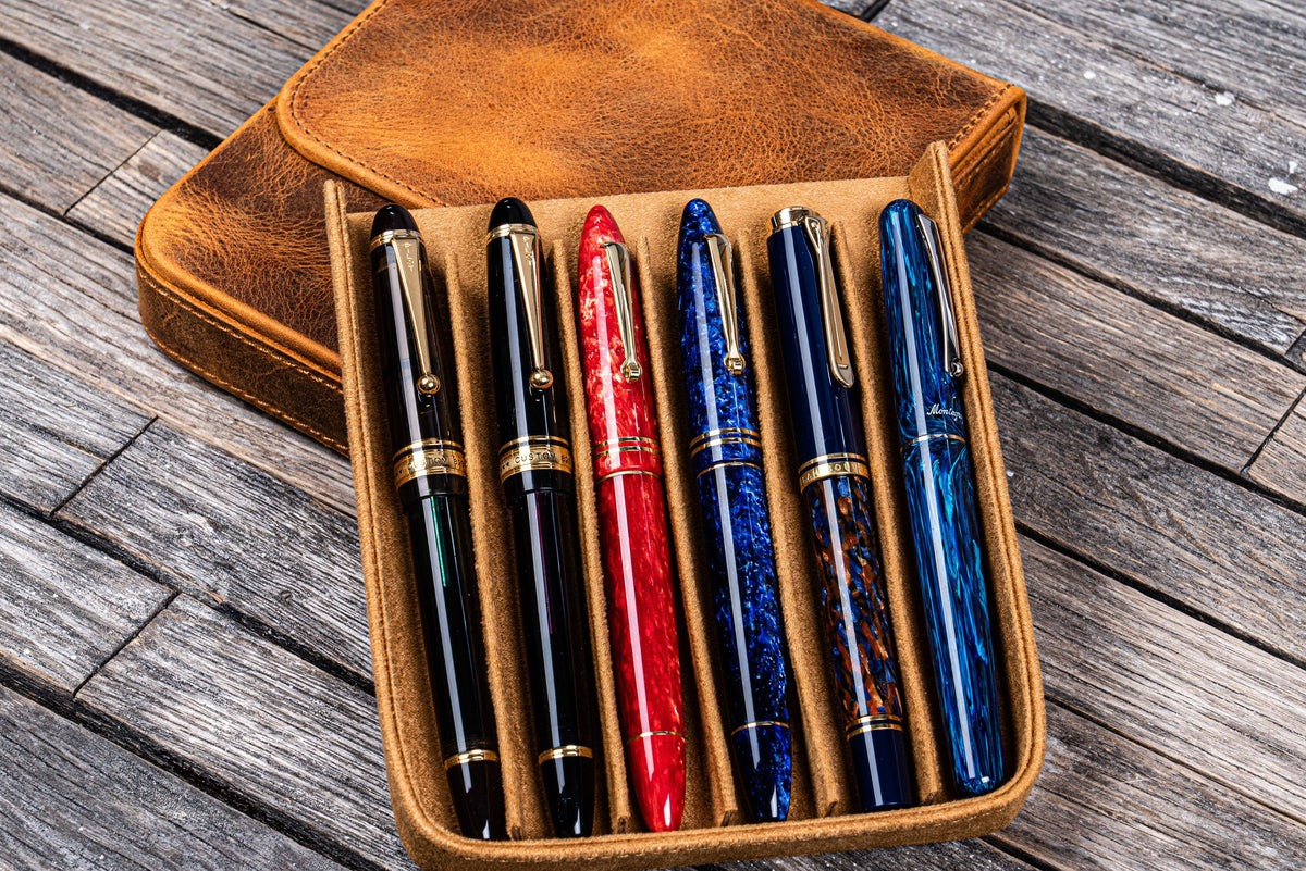 Galen Leather 6 Slot Magnum Opus Pen Case - Crazy Horse Brown (with Removable Tray)