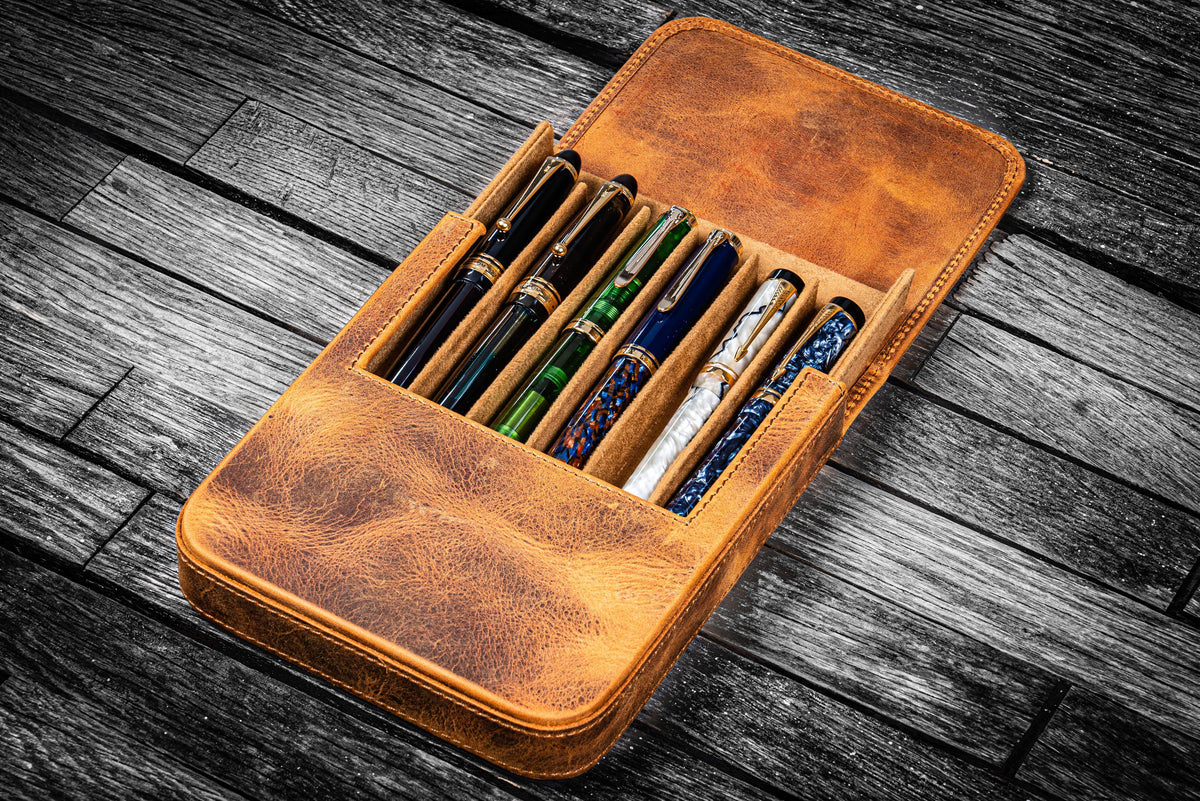 Galen Leather 6 Slot Magnum Opus Pen Case - Crazy Horse Brown (with Removable Tray)