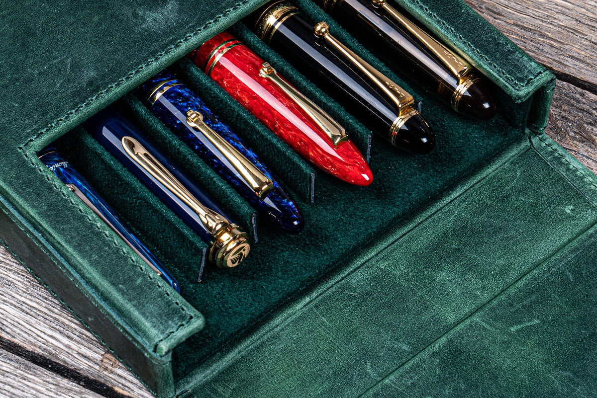Galen Leather 6 Slot Magnum Opus Pen Case - Crazy Forest Green (with Removable Tray)