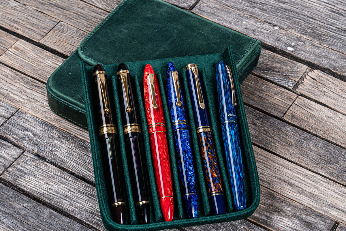 Galen Leather 6 Slot Magnum Opus Pen Case - Crazy Forest Green (with Removable Tray)