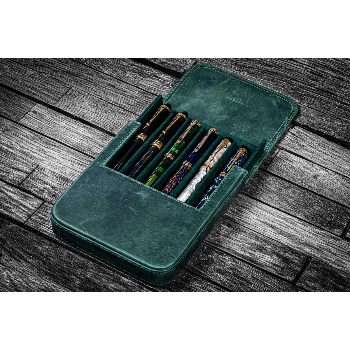 Galen Leather 6 Slot Magnum Opus Pen Case - Crazy Forest Green (with Removable Tray)