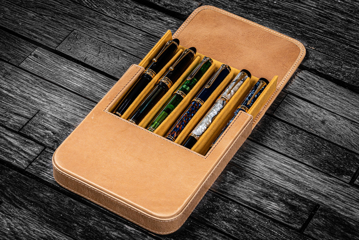 Handmade Crazy Horse Leather 3-Slot Fountain Pen Case – Vintage Gift Box – Coffee Brown
