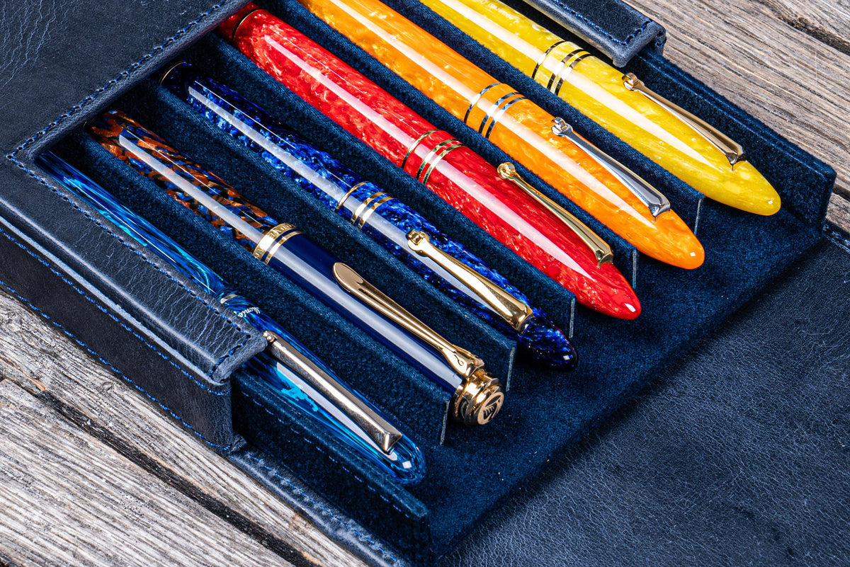Galen Leather 6 Slot Magnum Opus Pen Case - Crazy Navy Blue (with Removable Tray)