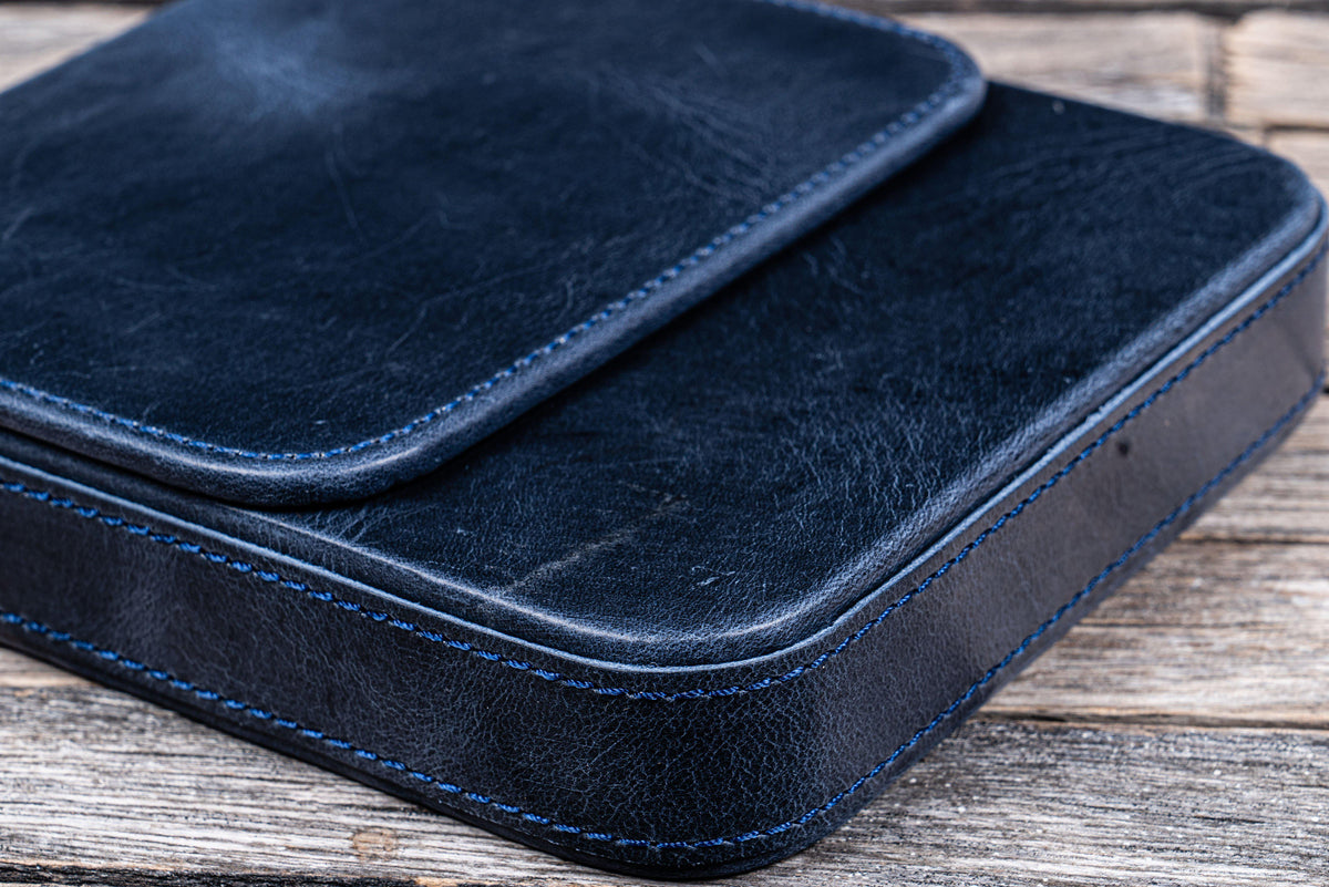 Galen Leather 6 Slot Magnum Opus Pen Case - Crazy Navy Blue (with Removable Tray)