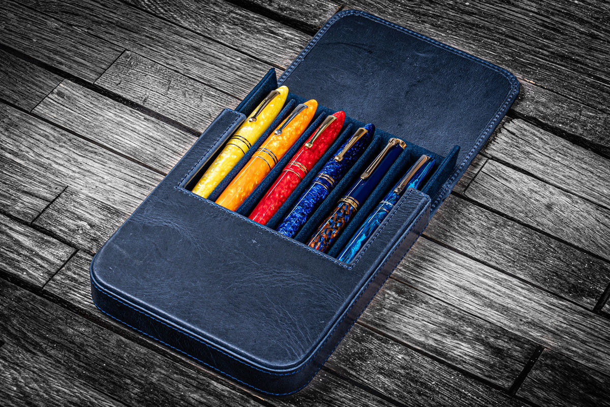 Galen Leather 6 Slot Magnum Opus Pen Case - Crazy Navy Blue (with Removable Tray)
