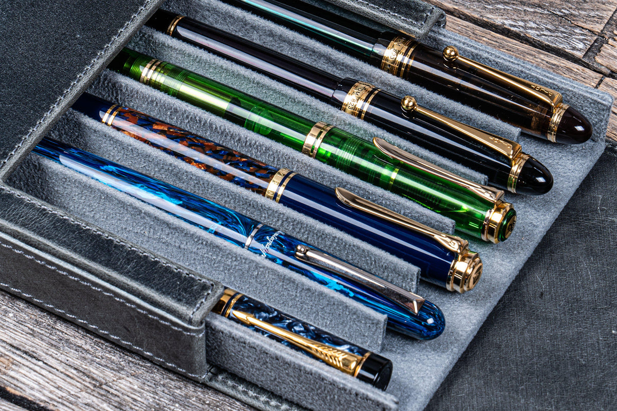 Galen Leather 6 Slot Magnum Opus Pen Case - Crazy Horse Smoky (with Removable Tray)