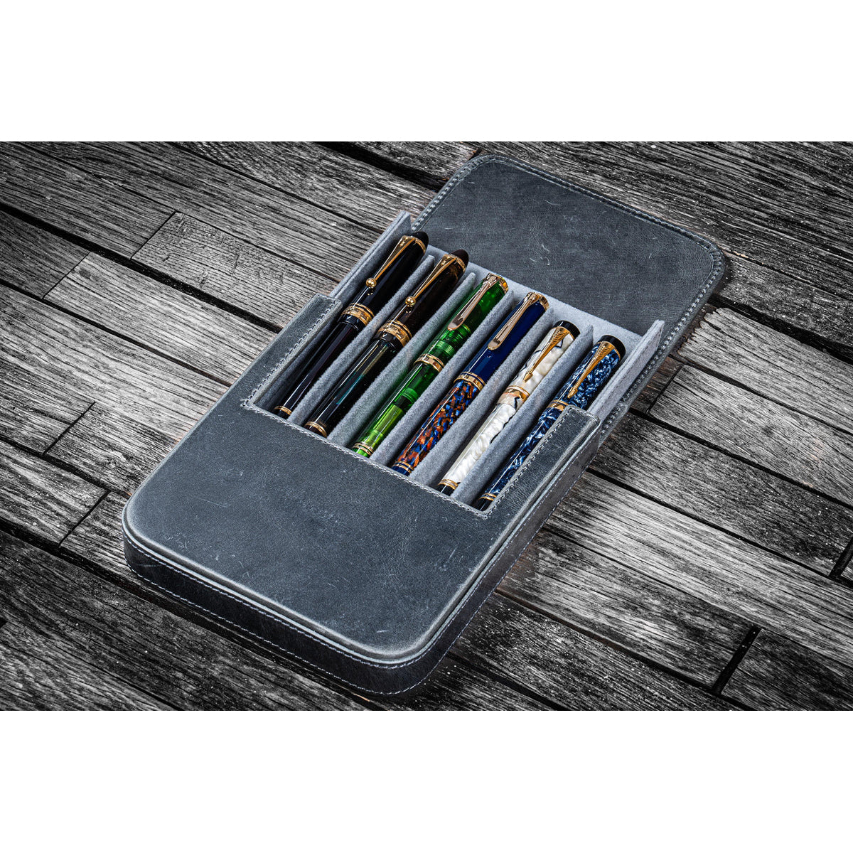 Galen Leather 6 Slot Magnum Opus Pen Case - Crazy Horse Smoky (with Removable Tray)