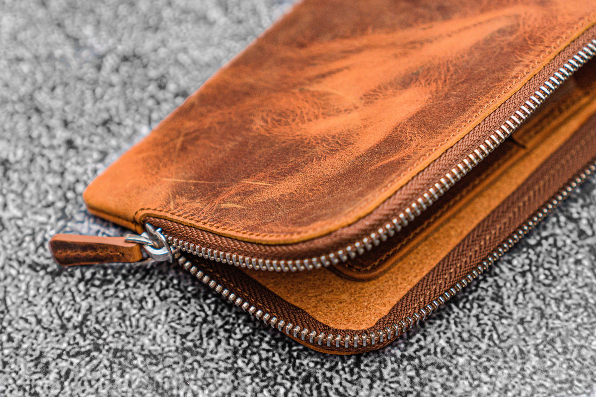 Galen Leather Slip-n-Zip 4 Slot Zippered Pen Pouch - Crazy Horse Brown