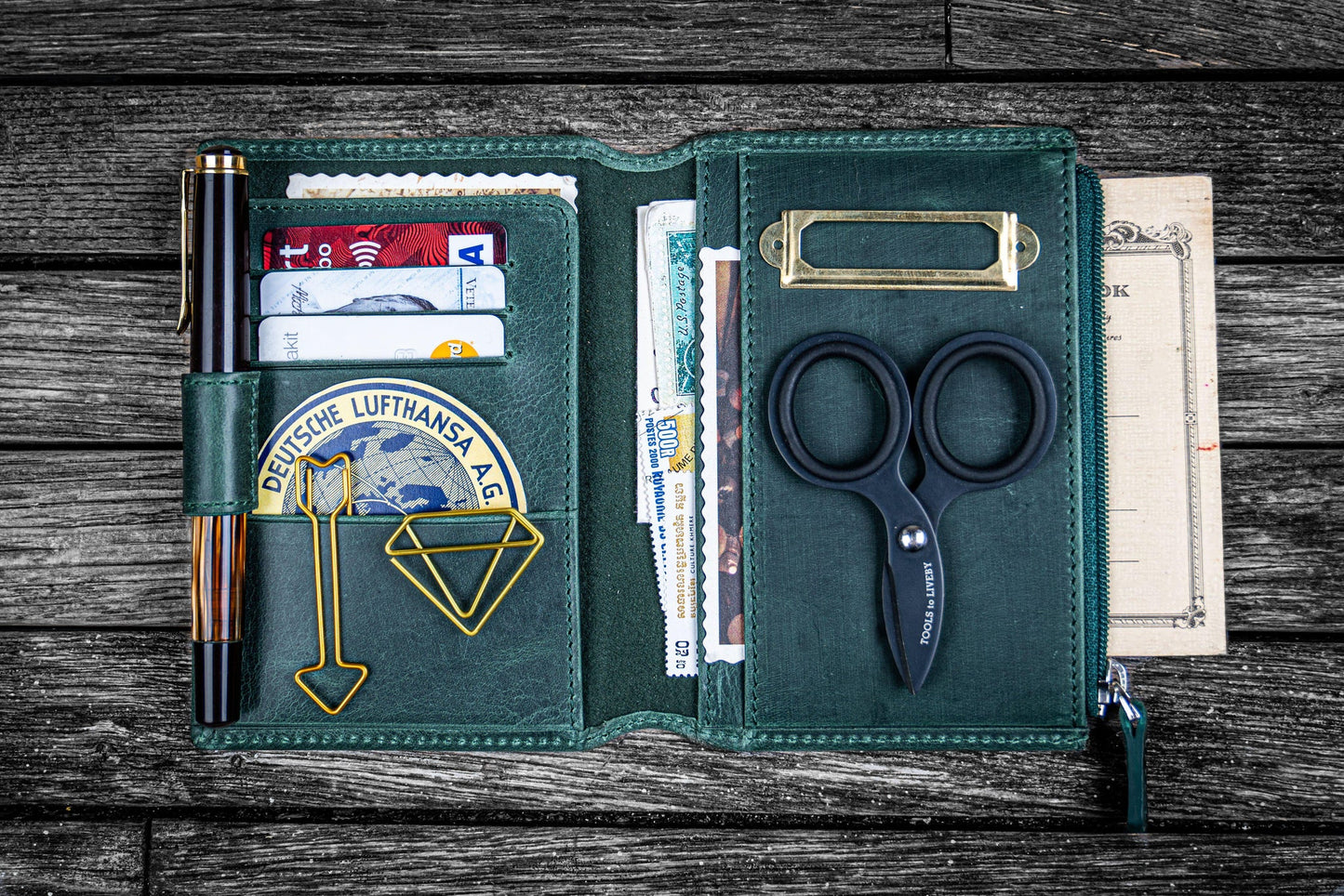 Galen Leather Wallet Insert for Traveler's Notebook Passport Size - Crazy Horse Forest Green