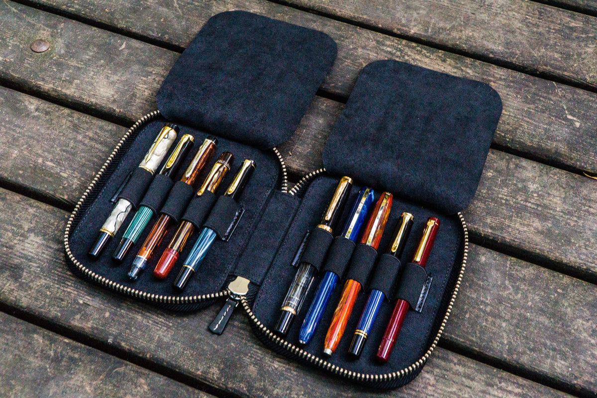 Galen Leather 10 Slot Zippered Pen Case - Black