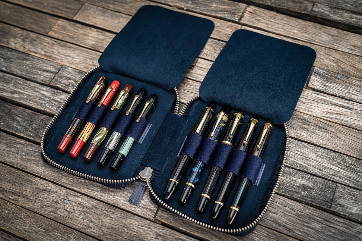 Galen Leather 10 Slot Zippered Pen Case - Crazy Horse Navy