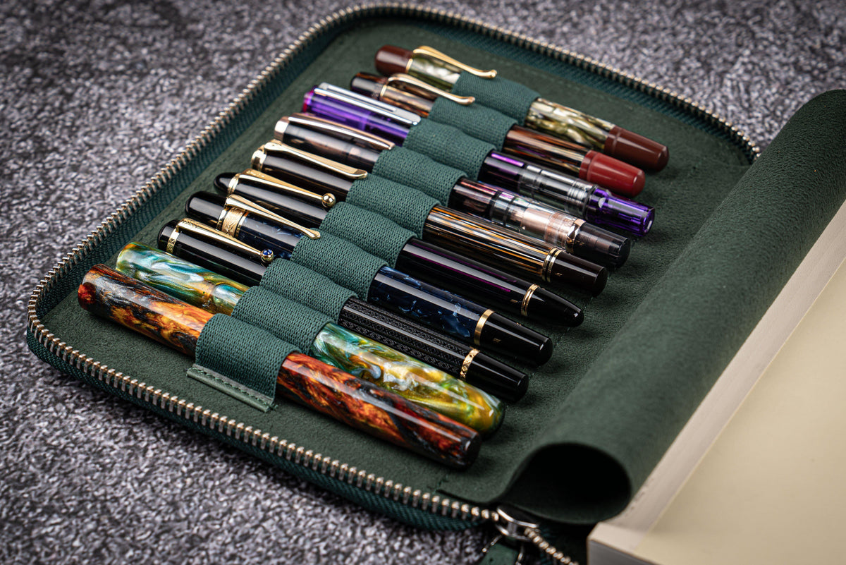 Galen Leather 10 Slot Zippered Pen Case with A5 Notebook Holder - Crazy Horse Forest Green