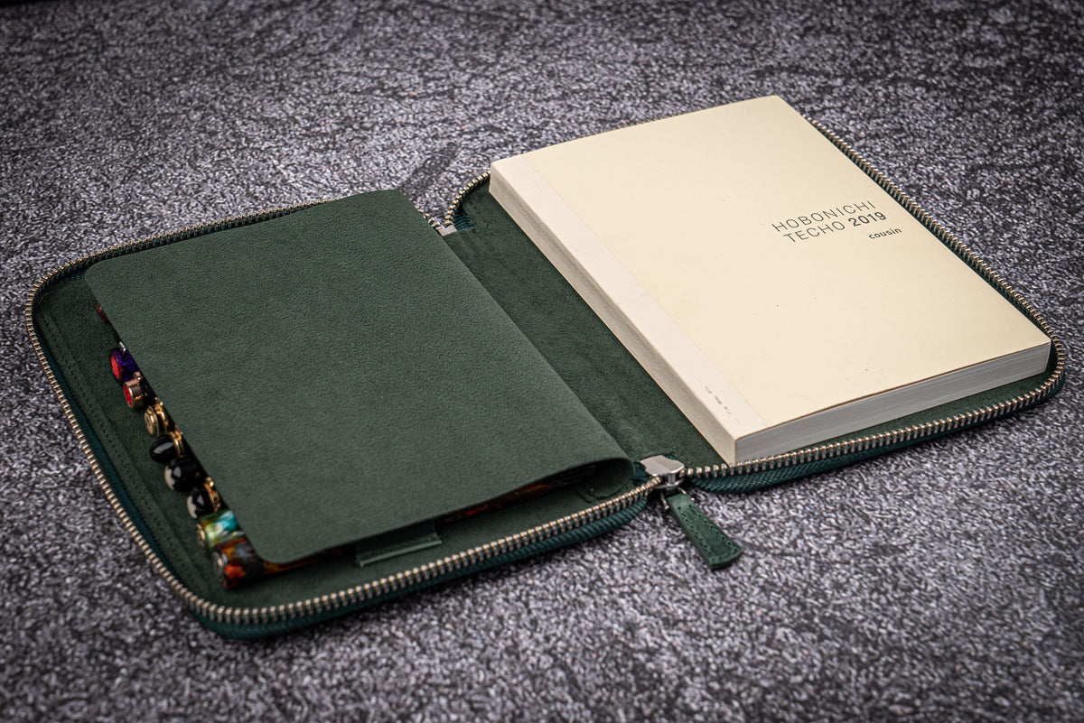 Galen Leather 10 Slot Zippered Pen Case with A5 Notebook Holder - Crazy Horse Forest Green