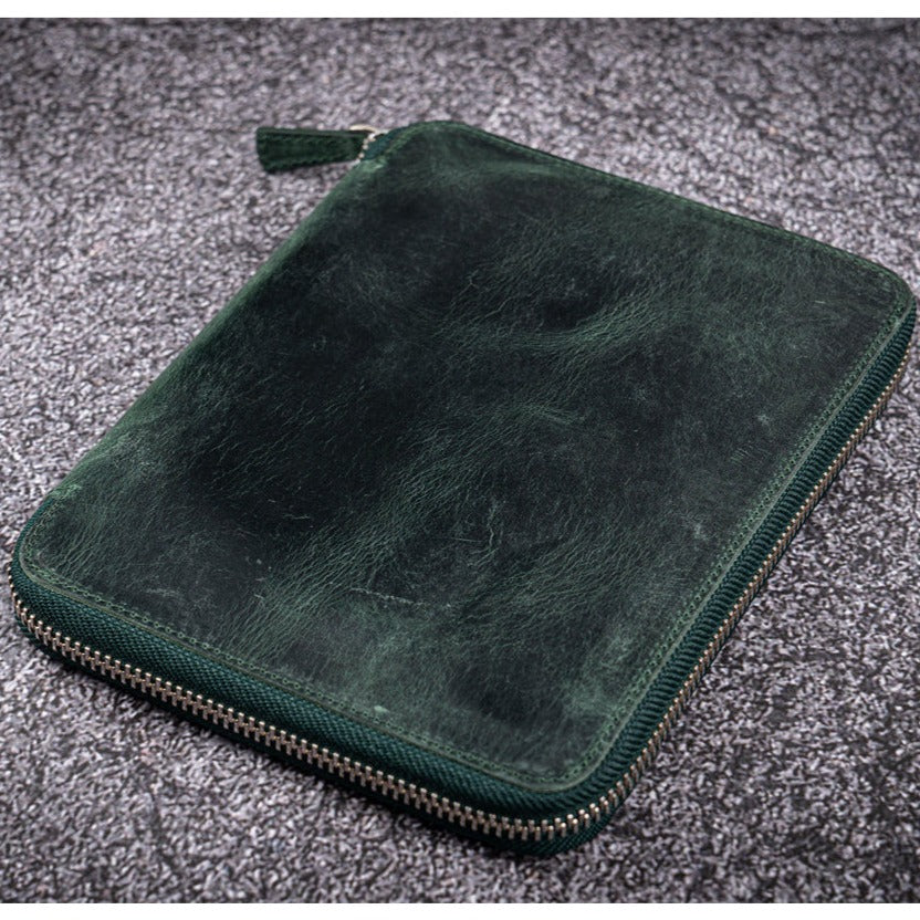 Galen Leather 10 Slot Zippered Pen Case with A5 Notebook Holder - Crazy Horse Forest Green