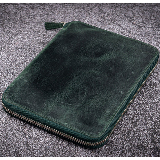 Galen Leather 10 Slot Zippered Pen Case with A5 Notebook Holder - Crazy Horse Forest Green