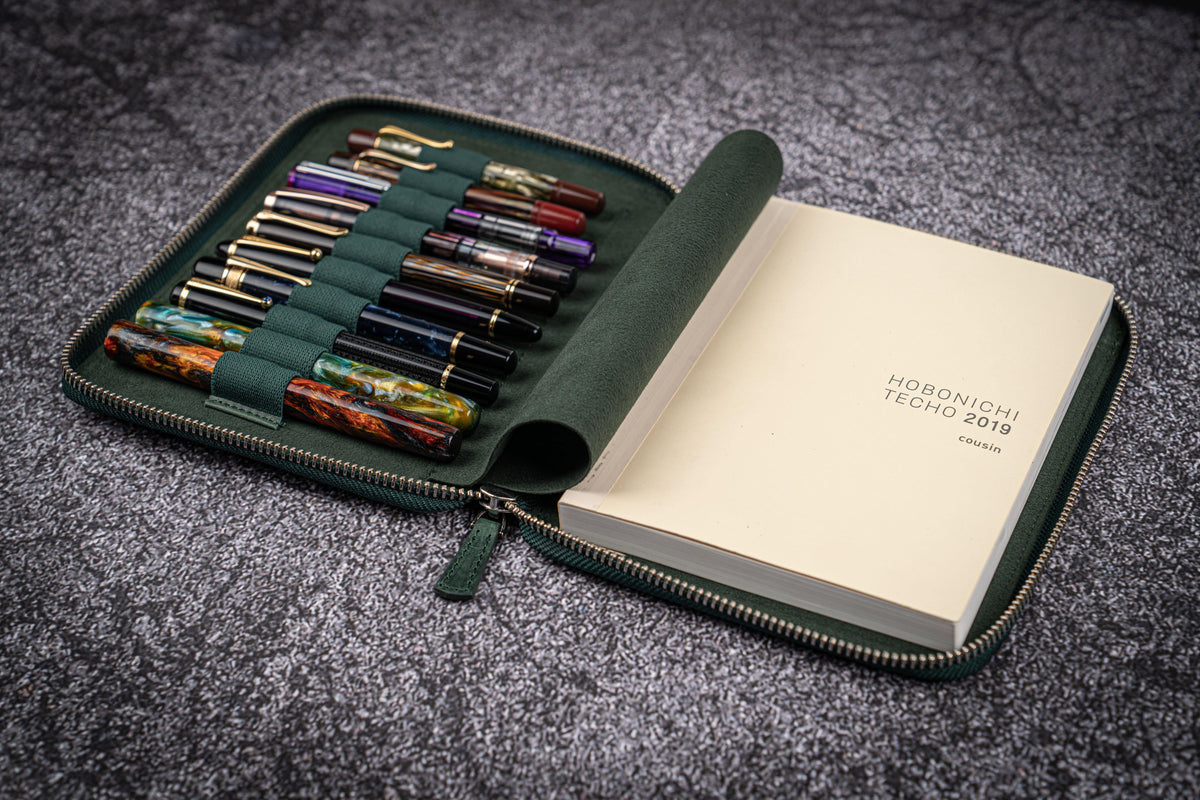 Galen Leather 10 Slot Zippered Pen Case with A5 Notebook Holder - Crazy Horse Forest Green