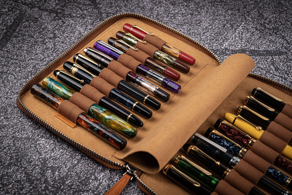 Galen Leather 20 Slot Zippered Pen Case - Crazy Horse Brown