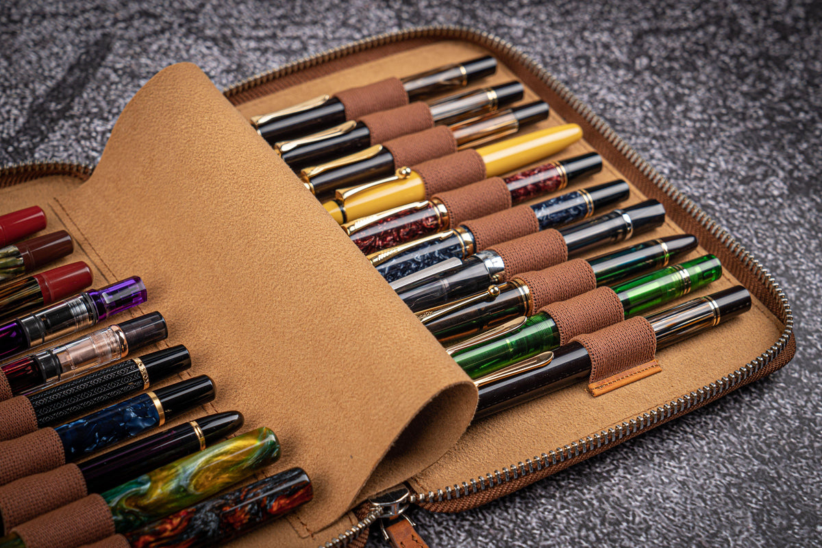 Galen Leather 20 Slot Zippered Pen Case - Crazy Horse Brown