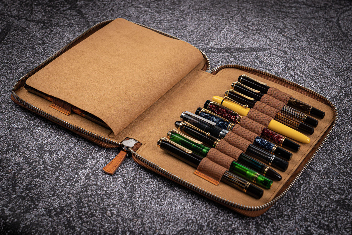 Galen Leather 20 Slot Zippered Pen Case - Crazy Horse Brown