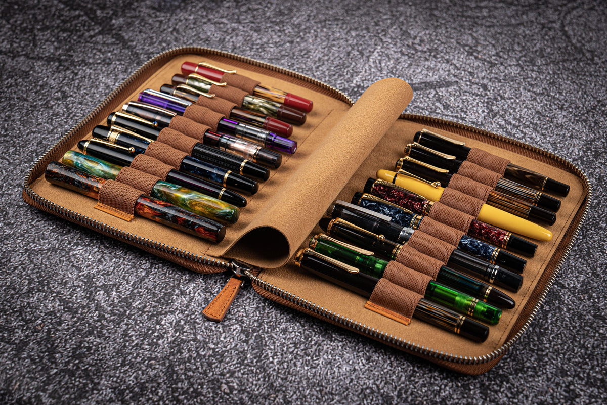 Galen Leather 20 Slot Zippered Pen Case - Crazy Horse Brown