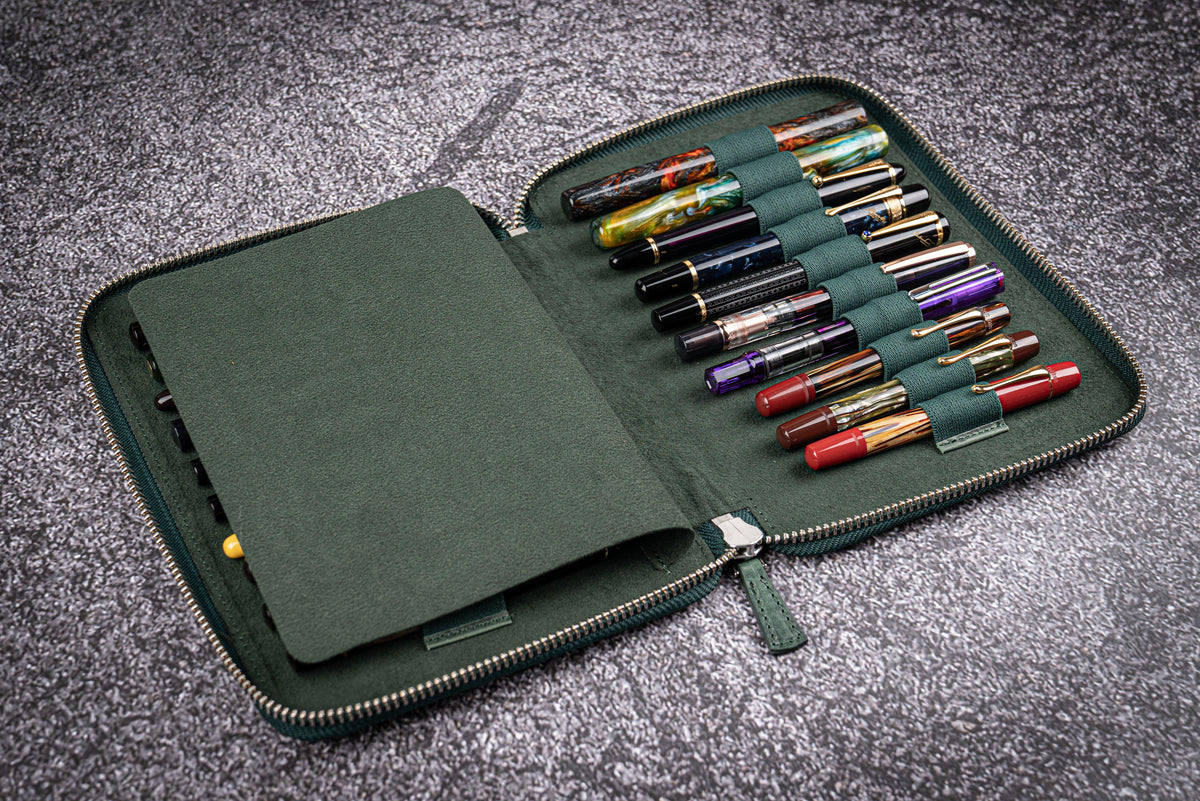 Galen Leather 20 Slot Zippered Pen Case - Crazy Horse Forest Green