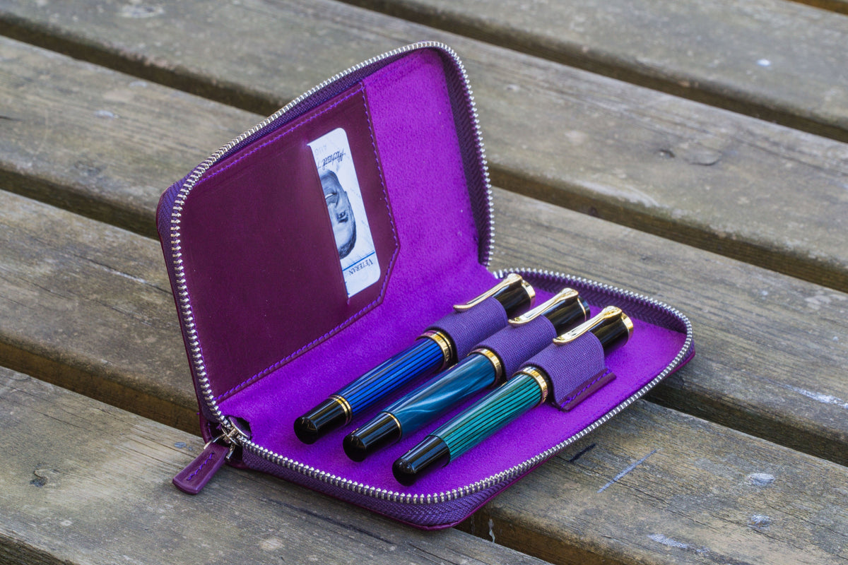 Galen Leather 3 Slot Zippered Pen Case - Purple