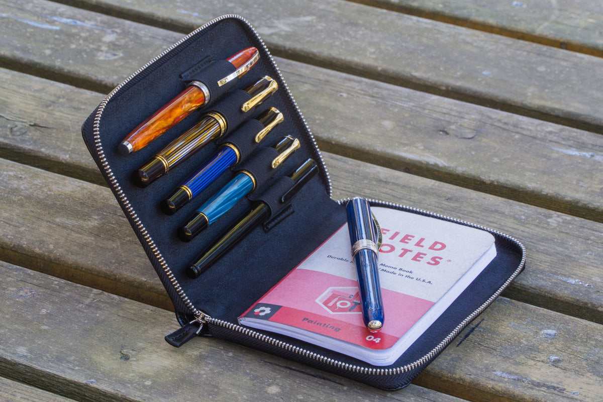 Galen Leather 5 Slot Zippered Pen Case - Black