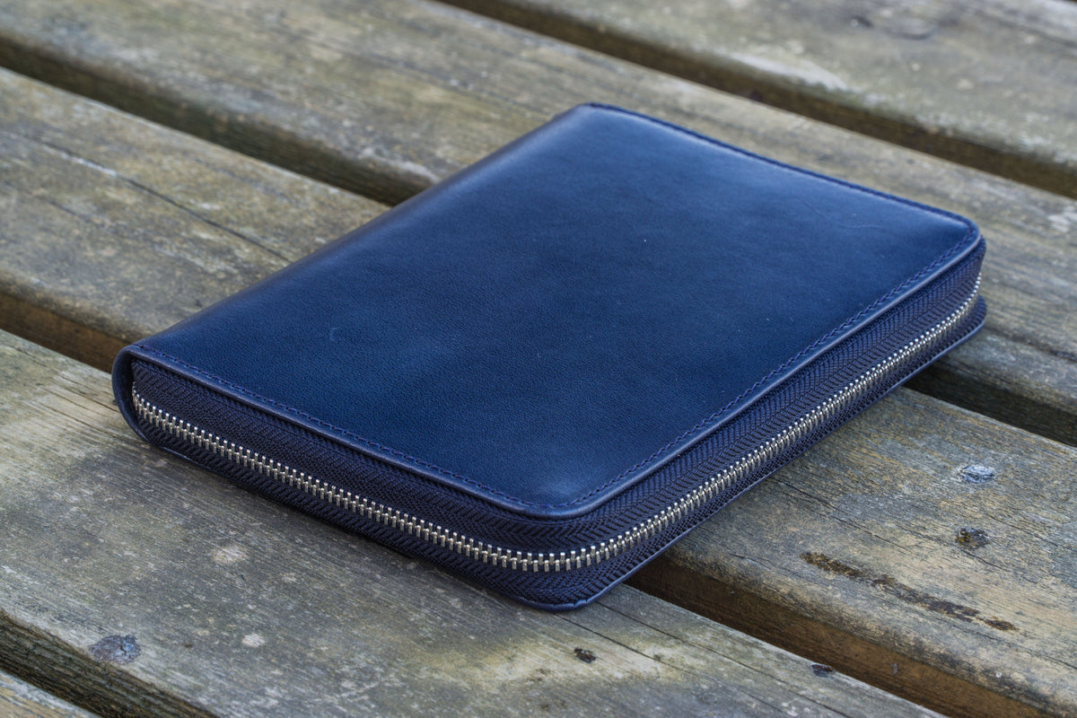 Galen Leather 5 Slot Zippered Pen Case - Navy Blue
