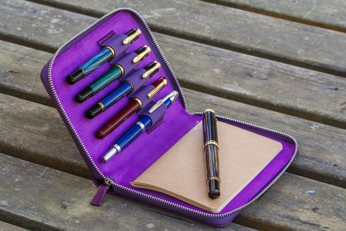 Galen Leather 5 Slot Zippered Pen Case - Purple