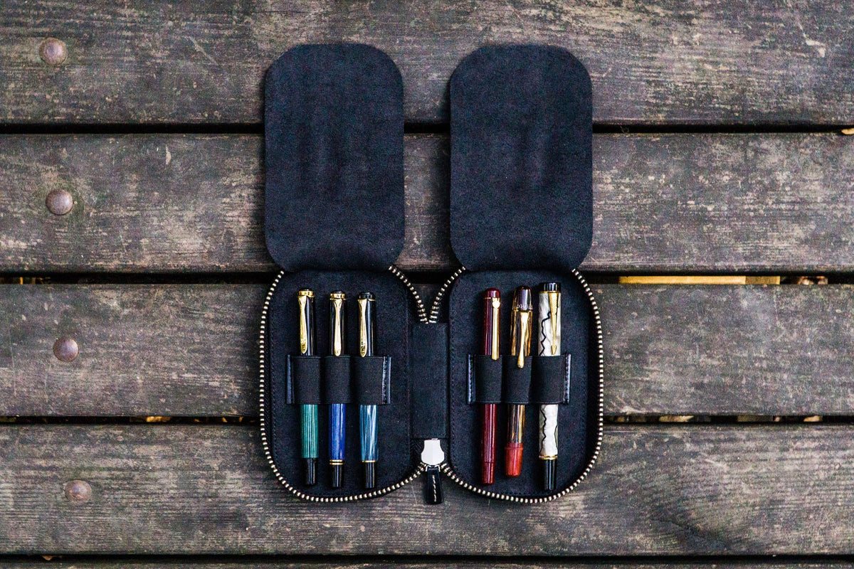 Galen Leather 6 Slot Zippered Pen Case - Black