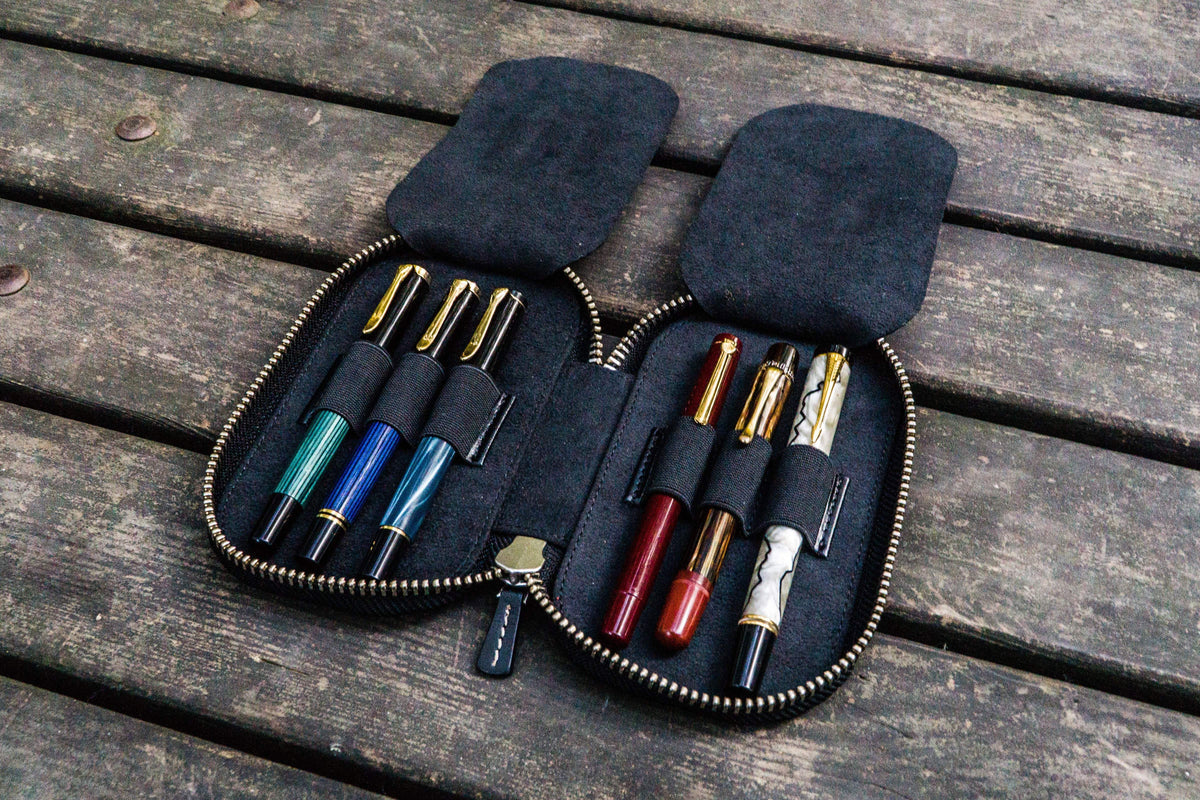 Galen Leather 6 Slot Zippered Pen Case - Black