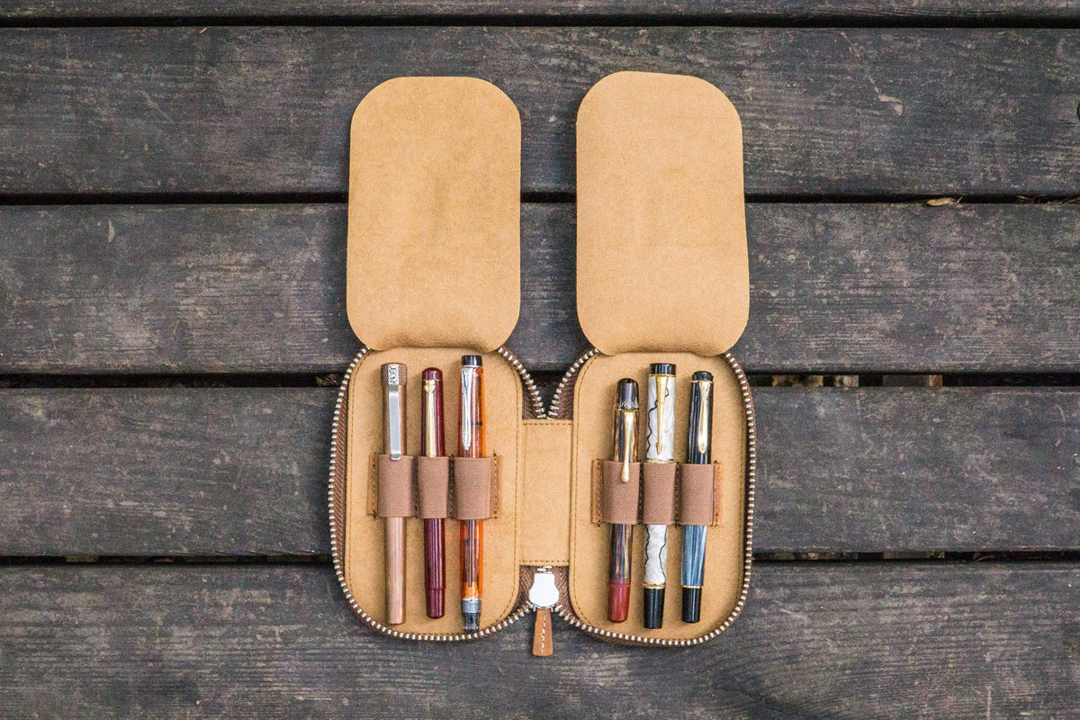 Galen Leather 6 Slot Zippered Pen Case - Crazy Horse Brown