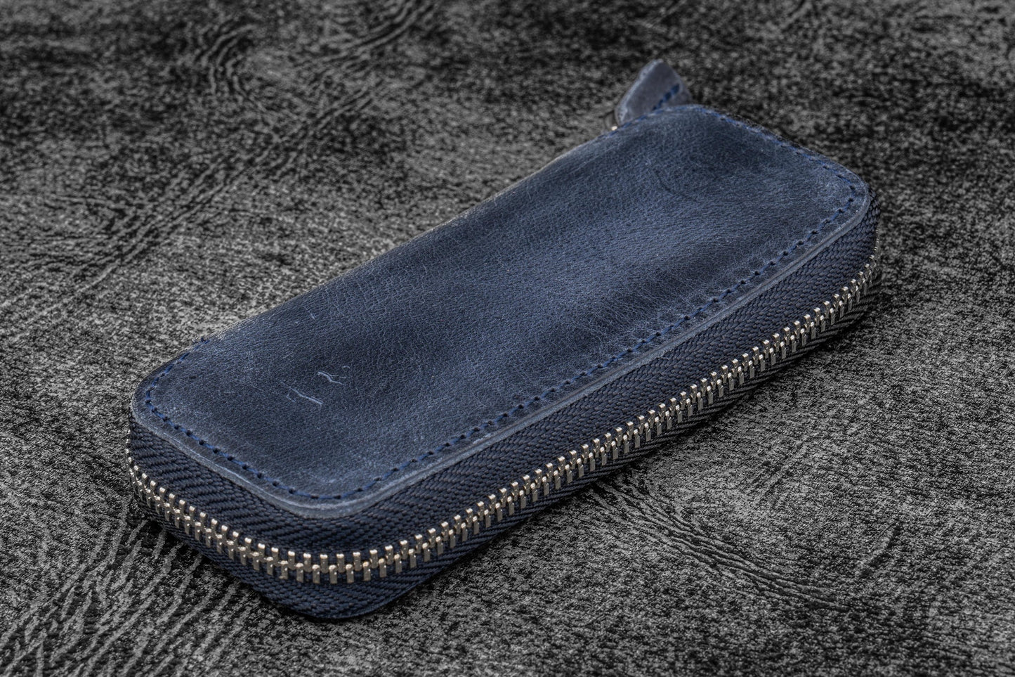 Galen Leather Double Zippered Pen Case for Kaweco Pocket Pen - Crazy Horse Navy Blue
